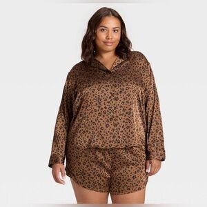 Satin Notch Collar Long Sleeve Shirt and Shorts Pajama Set Auden Leopard Print